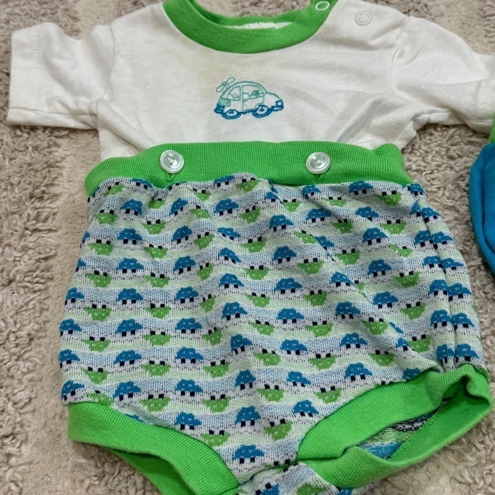 1980s Vintage Toddle Time set baby boy cars embroidered neon romper onesie short